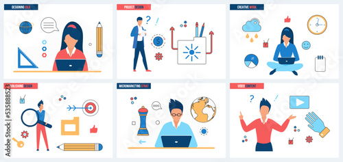 Graphic design, content strategy set vector illustration. Cartoon process of ideas creation in studio agency, creative artwork and video concept for banner, website design or landing web page