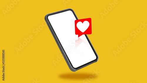 Fototapeta Naklejka Na Ścianę i Meble -  Smartphone With Empty Screen And Heart Icon Over Yellow Background