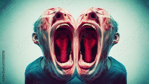 Symmetric mirrored illustration of a person screaming in pain and agony