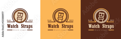 Wristwatch band store retro logo design set, watch strap business symbol, vintage style timepiece gadget emblem concept, technology gadgets editable commercial logotype, fashion shop branding