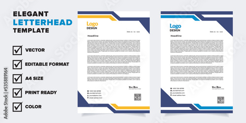 modern letterhead template for business company stationery design with A4 sheet vector format and editable layout in yellow and blue color