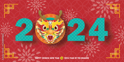 Happy chinese new year 2024 year of the dragon zodiac sign with flower,lantern, fan elements gong xi fa cai, greeting card paper cut style background vector illustration Translation Happy New Year