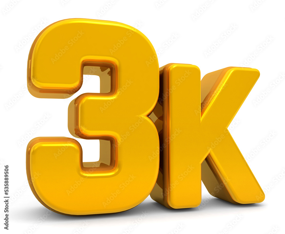 Golden 3K isolated on white background. 3k 3d. Thank you for 3k followers 3D gold. 3D rendering Golden 3K isolated on white background. 3k 3d. Thank you for 3k followers 3D gold. 3D rendering