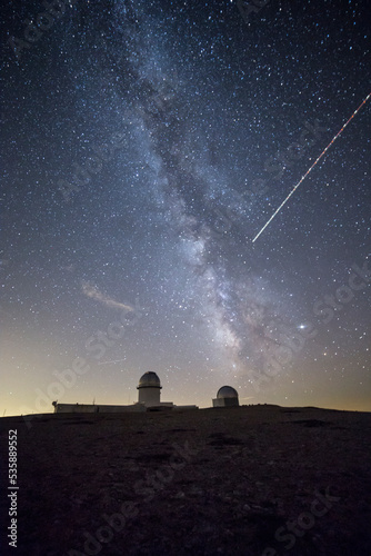 Arcos de las Salina Teruel Aragon Spain on August 2019: Photographers in the observatory for shooting the milky way and stars in a summer night
