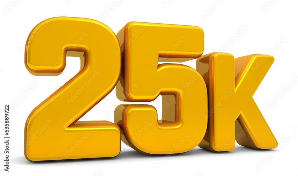 Golden 25K isolated on white background. 25k 3d. Thank you for 25k followers 3D gold. 3D rendering Golden 25K isolated on white background. 25k 3d. Thank you for 25k followers 3D gold. 3D rendering