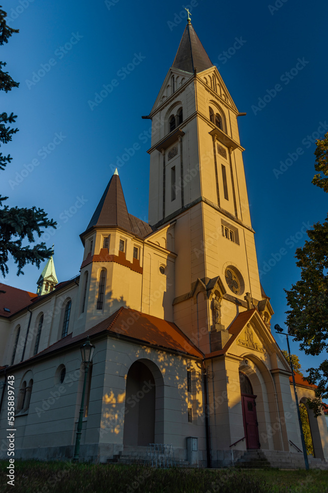 Church in Ceske Budejovice city with big tower in autumn evening