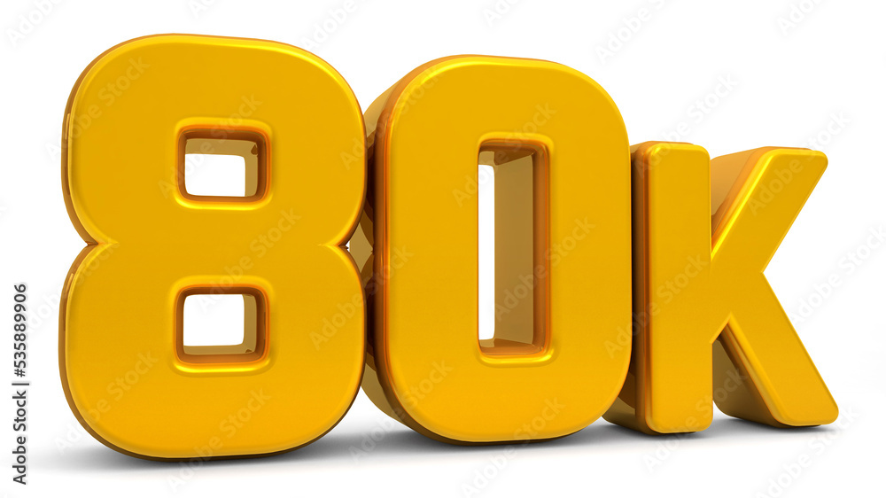Golden 80K isolated on white background. 80k 3d. Thank you for 80k followers 3D gold. 3D rendering