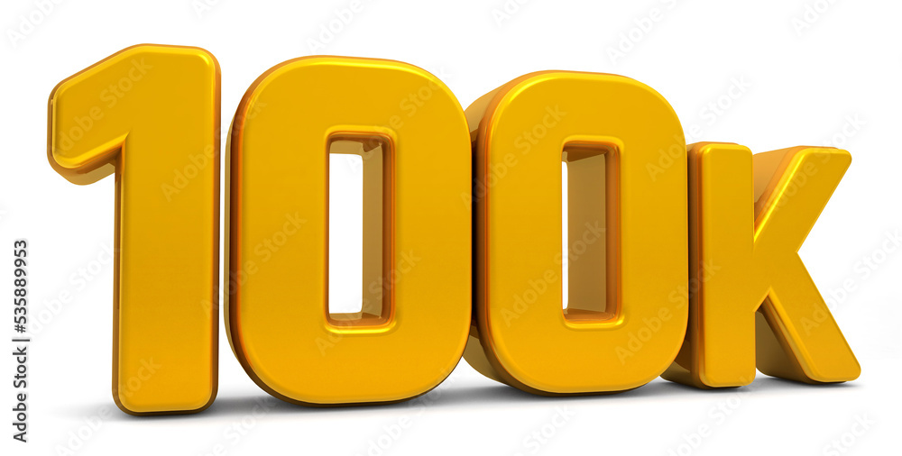 Golden 100K isolated on white background. 100k 3d. Thank you for 100k followers 3D gold. 3D rendering Golden 100K isolated on white background. 100k 3d. Thank you for 100k followers 3D gold. 3D rendering