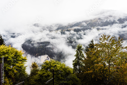 Cloudy mountain views in Wengen Switzerland. 