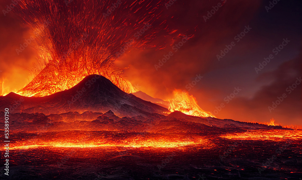 Volcanic eruption illustration. Hot molten lava landscape.