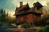 Cabin in the woods. Fantasy landscape with magic house.