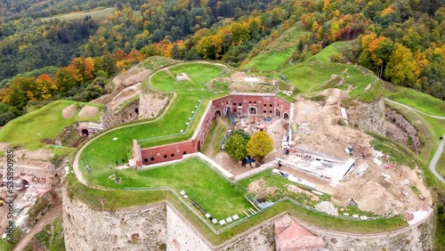 Srebrna Gora fortress with beautiful panorama of Sudety mountains aerial view. Poland. photo