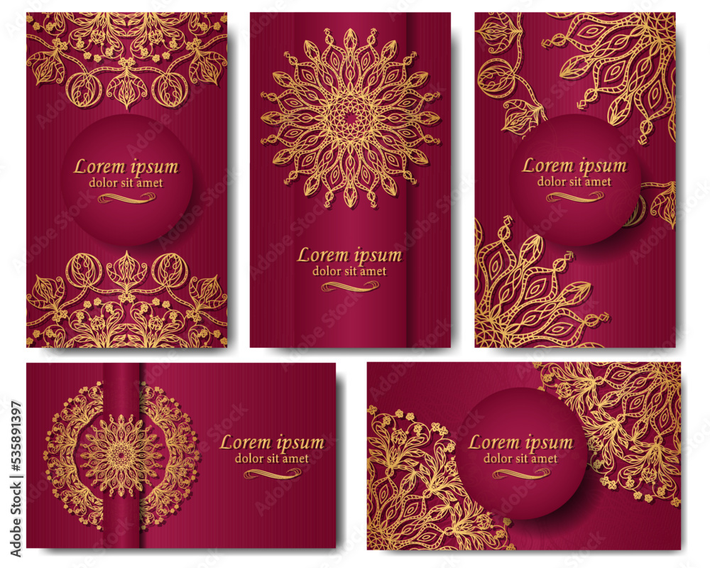 Gold mandala on a burgundy gradient background. A luxurious ornament for business cards, postcards, invitations, packages. Set of five backgrounds with ethnic patterns.