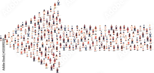 Large group of people silhouette crowded together in arrow left direction shape isolated on white background. Vector illustration