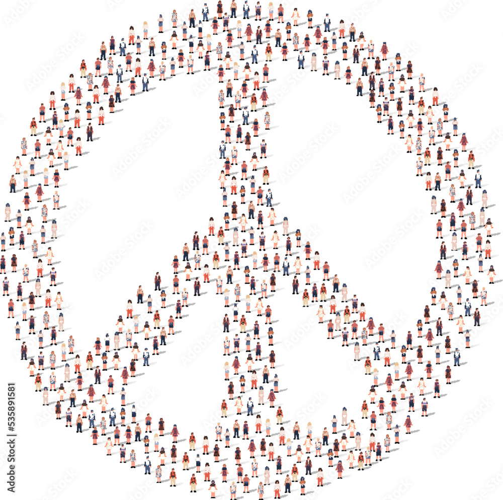 Large group of people different silhouette crowded together in peace mark shape isolated on white background. Vector illustration Large group of people different silhouette crowded together in peace mark shape isolated on white background. Vector illustration