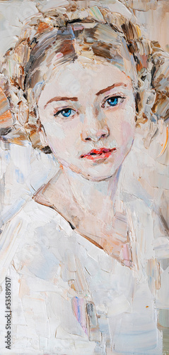 Young girl with beautiful mysterious blue eyes on a white background. Primary colors: white, brown, grey, pink.