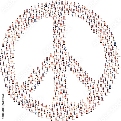 Large group of people different silhouette crowded together in peace mark shape isolated on white background. Vector illustration