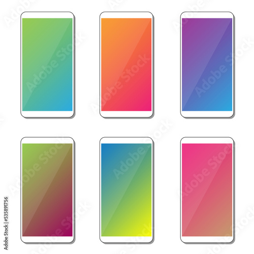 Different Variations Of Vivid Geometrical Pattern Wallpapers Set On Photorealistic Smartphone Screen Isolated On White Background. Set Of Vertical Abstract Backgrounds For Smartphone
