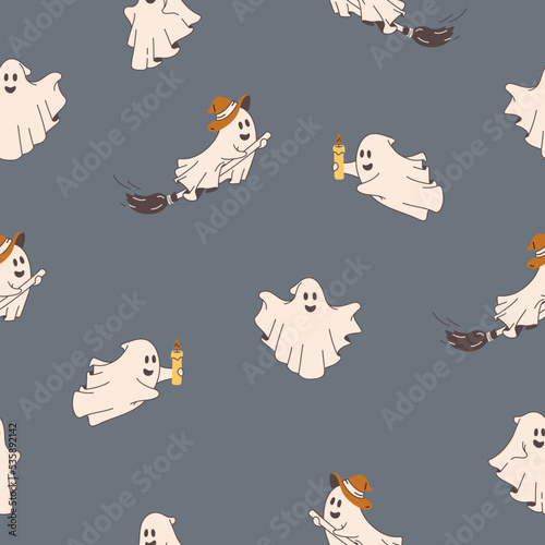 Cute Ghosts in cloth. Halloween scary ghostly monsters. Cartoon spooky characters. Holiday silhouettes. Hand drawn trendy vector seamless pattern. Square background, wallpaper