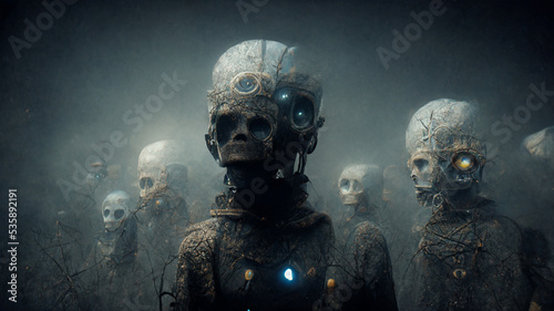 Fotografia, Obraz group of creepy robotic skeketons humanoid aliens in ominous misty atmosphere, n