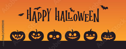 Halloween banner horizontal design with Jack o Lantern carved pumpkins. Simple cartoon spooky design. Trick or treat.