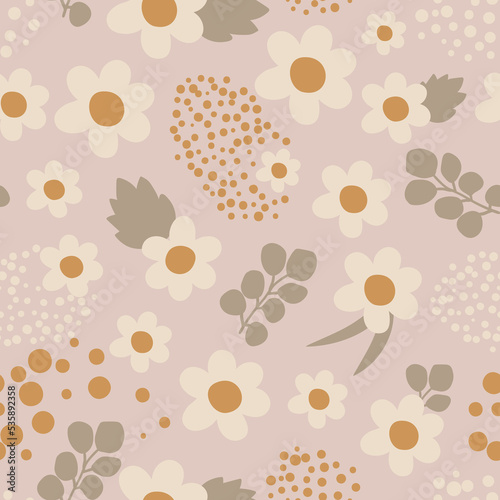 Boho daisy pattern tiny scale. Small boho floral summer print. Earth tone peony seamless pattern in vector. Blooming garden background. Little flower bouquet print. Rustic nature peony illustration