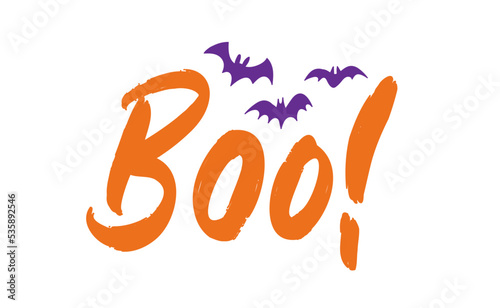 Boo! exclamation lettering. Halloween quote funny design with bats.