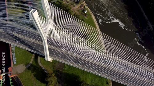 Aerial view of Most Redzinski bridge over Oder river on sunrise in Wroclaw, Poland photo