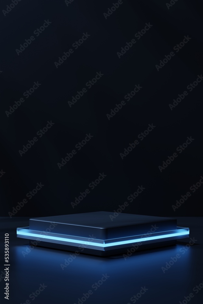 Vertical image of a podium with a blue neon glow on a black background, 3d render Vertical image of a podium with a blue neon glow on a black background, 3d render