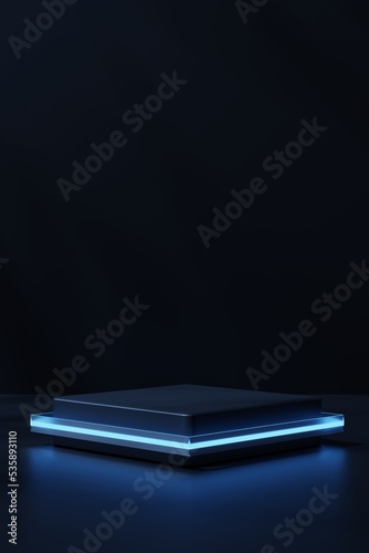 Vertical image of a podium with a blue neon glow on a black background, 3d render