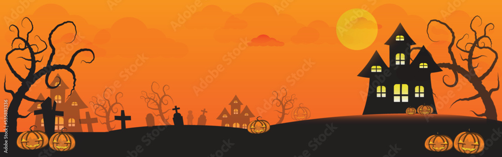 Halloween. City panorama in halloween style. Scary halloween isolated background. Orange and yellow background. Vector illustration.