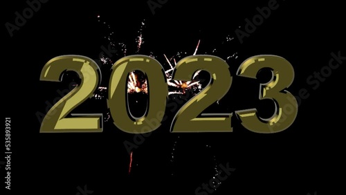 New Year 2023 on a black background and fireworks, 3D animation