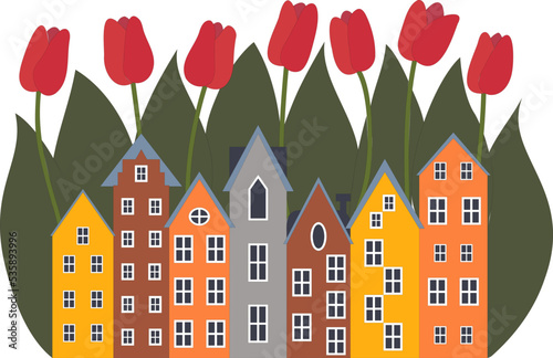 Vector illustration, cute European houses and tulips.