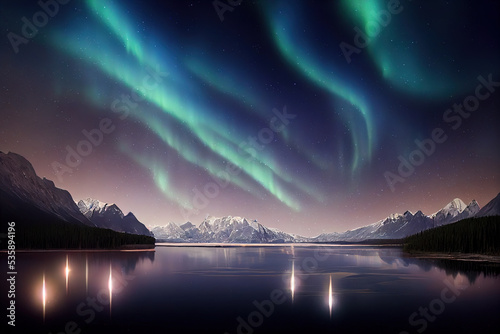 Night winter landscape with northern lights and reflection on the water surface. Night sky with polar lights. Digital art. 3D illustration