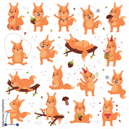 Funny Squirrel Character with Bushy Tail Engaged in Different Activity Vector Set