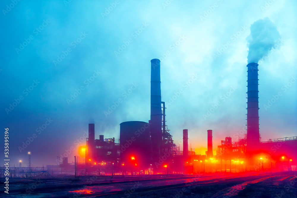 Landscape of pollution in city, polluted factory over smog in the air and nature. Industry issue that polluted the planet. Used neural network for painting. 3D image