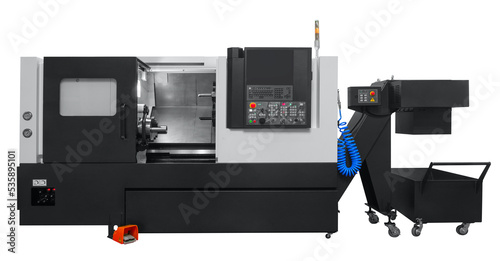 Manufacturing professional lathe machine . Industrial concept. Programmable modern digital lathe with digital program control, turret type blade holder