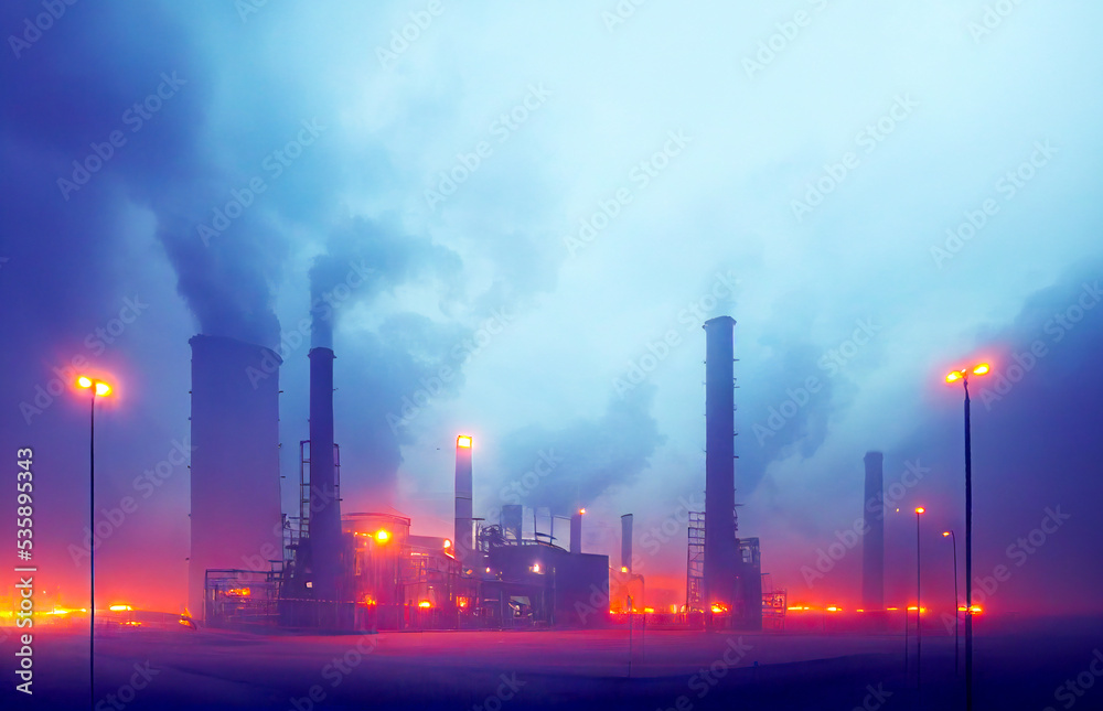 Landscape of pollution in city, polluted factory over smog in the air and nature. Industry issue that polluted the planet. Used neural network for painting. 3D image