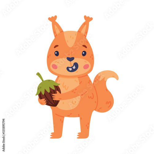 Funny Squirrel Character with Bushy Tail Holding Acorn and Smiling Vector Illustration