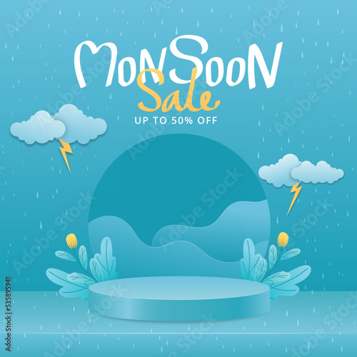 monsoon sale banner with rain background.