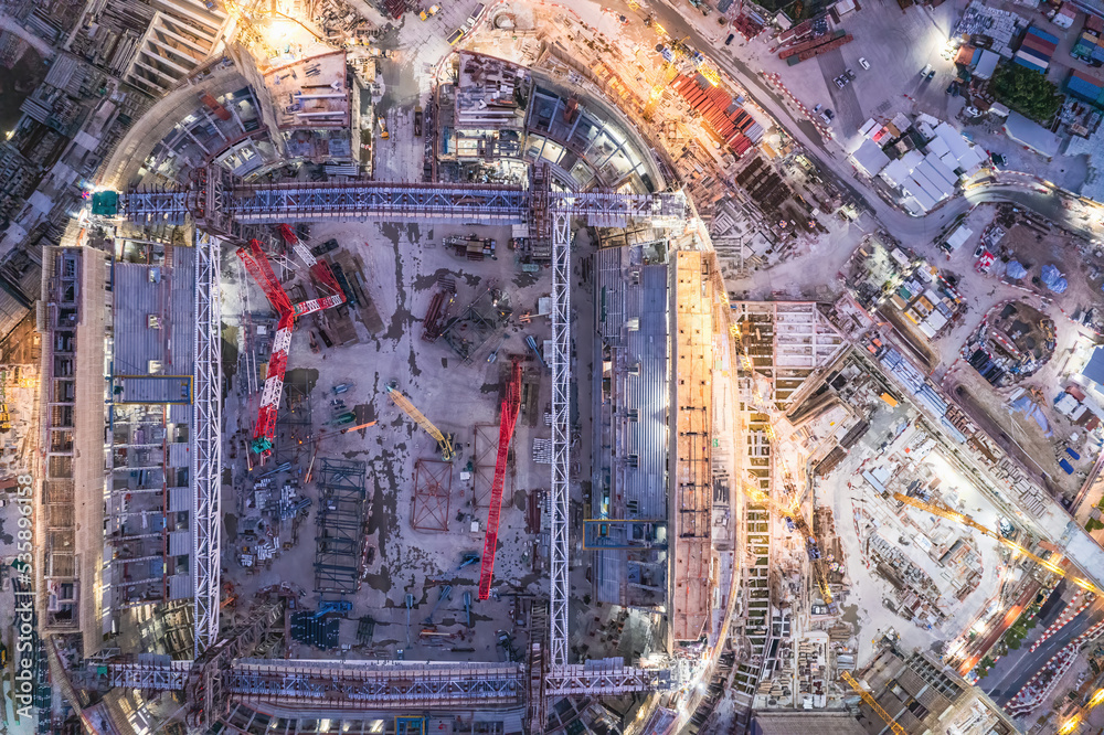 Epic aerial view of the great construction site in Kai Tak, Kowloon, Hong Kong