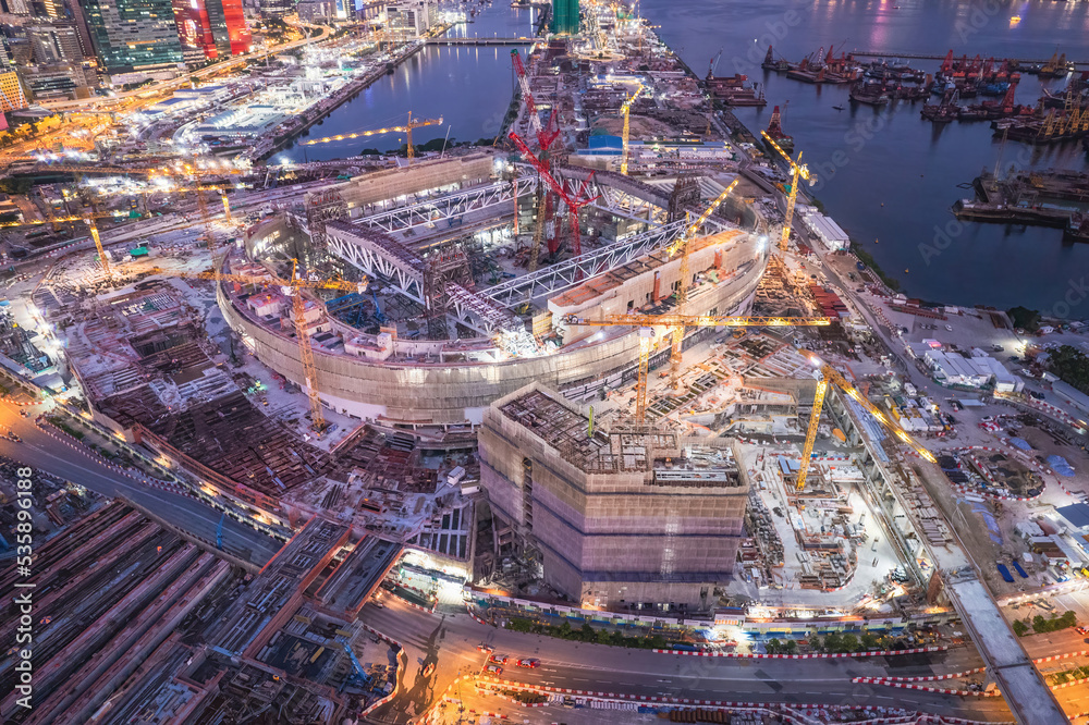 Obraz premium Epic aerial view of the great construction site in Kai Tak, Kowloon, Hong Kong