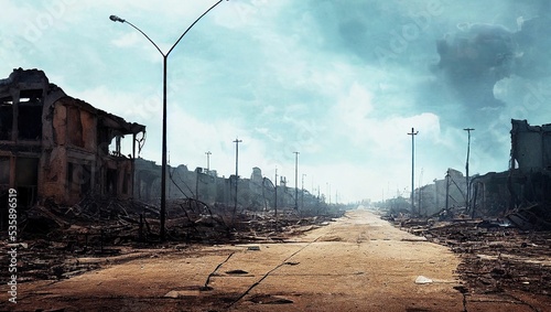 Hyper-realistic illustration of abandoned post-apocalyptic ruined city