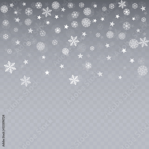Christmas snow vector background. Falling snowflakes transparent decoration. New Year Holidays greeting card backdrop.