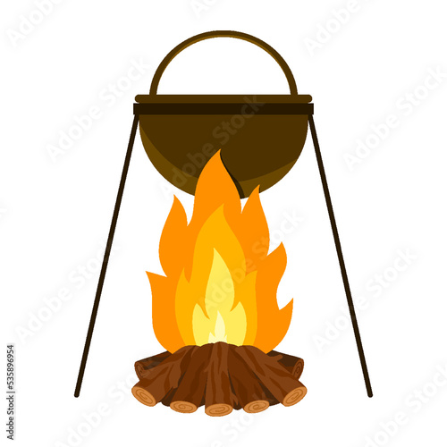 Cooking food campfire pot cauldron camping flat. Hiking icon pile burning wood cookware outdoor food military hunting travel heat cook inside pot open fire dangerous keep nature isolated