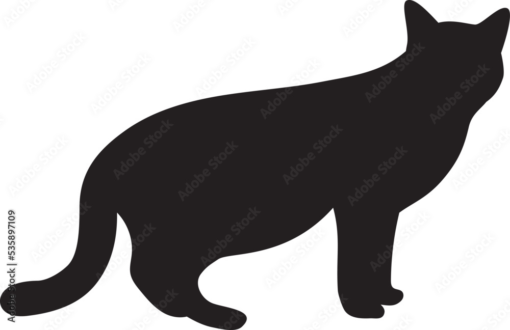 Simple black hand-drawn silhouette cartoon sketch of a pet cat doll standing