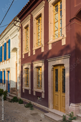 View of old, historical, traditional houses in famous, touristic Aegean town called Cunda. It is a village of Ayvalik, Turkey.