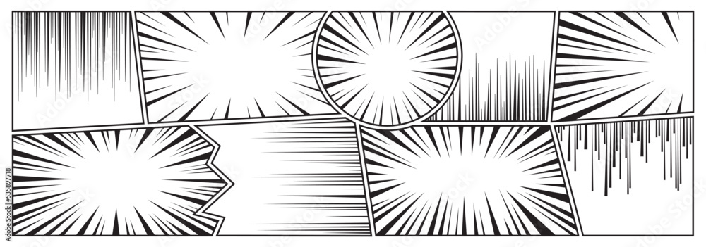 Obraz premium Manga effect vector background, comic speed line set, anime action ray, motion frames, radial zoom abstract pattern, black strip explosion. Cartoon illustration