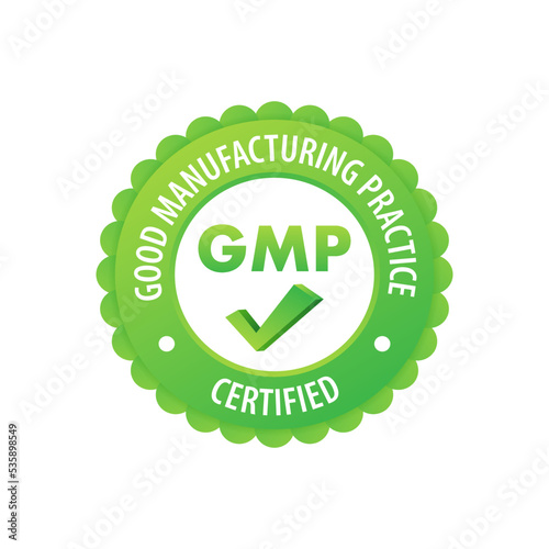 GMP - Good Manufacturing Practice certified round stamp, label. Vector illustration.