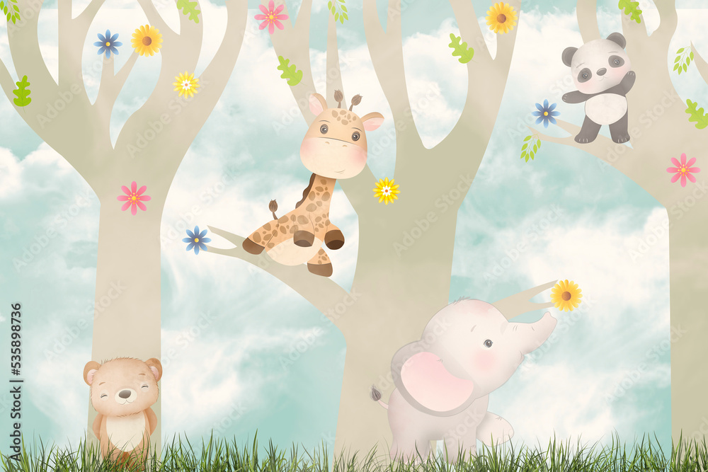 Cute animals among the trees , Kids room wallpaper design - obrazy, fototapety, plakaty 